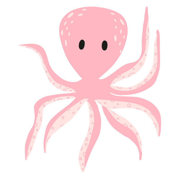  Childrens illustration of pink octopus isolated on white background. Hand-drawn octopus in cartoon style. - Vektör, Görsel