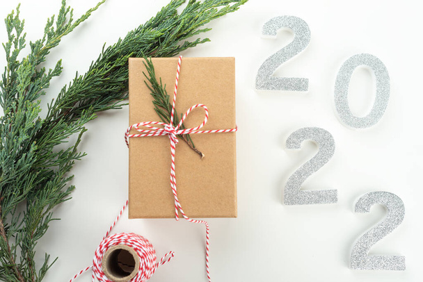Concept. Flat lay with rustic trendy minimalist Christmas present wrapping.  - Photo, image