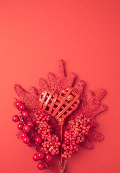 Valentines day arrangement on a red background. Love, passion concept - Photo, Image