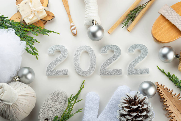 Weihnachten Wellness Hintergrund. 2022. Konzept der ökologischen Naturkosmetik. . Hochwertiges Foto. - Foto, Bild