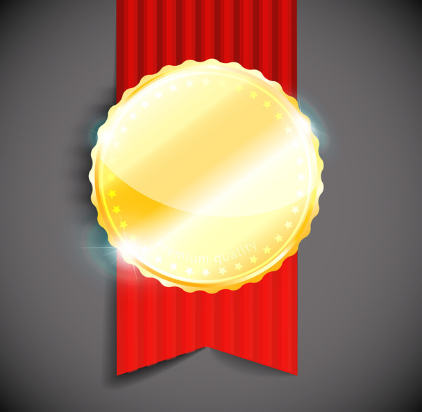 Blank polished golden metal badge with red ribbon on light background. - Vetor, Imagem