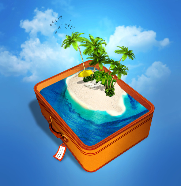 Tropikalna wyspa w walizce podróży - Zdjęcie, obraz