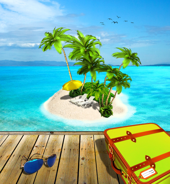 Belle île tropicale avec palmiers et chaises longues
 - Photo, image