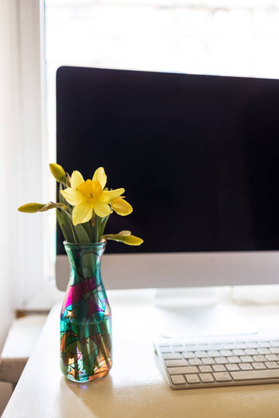 sobre el escritorio con el monitor y el teclado, en la oficina de casa, hay un florero de cristal de colores con las flores frescas de los narcisos amarillos. Concepto, trabajo agradable en línea de forma remota. - Foto, imagen