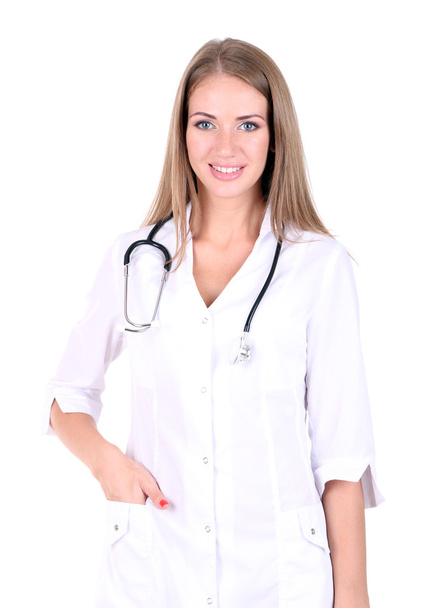 Young beautiful doctor holding folder isolated on white - Фото, зображення