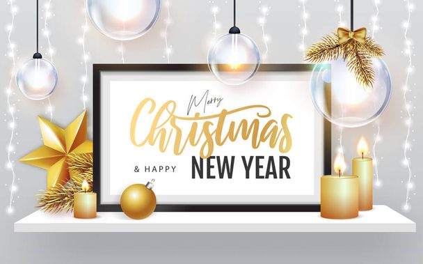 Merry Christmas and happy New Year poster with christmas holiday decorations. Chrisrmas background with string of lights. 3D interior design with black frame on white walll shelf. - Vetor, Imagem