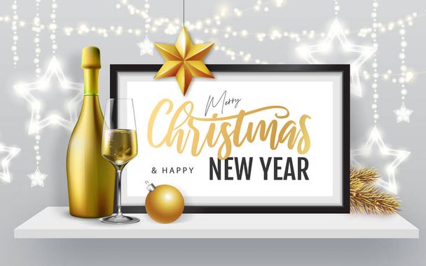 Merry Christmas and happy New Year poster with christmas holiday decorations. Chrisrmas background with string of lights. 3D interior design with black frame on white walll shelf. - Vector, Image