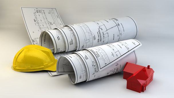 Planos, modelo de casa e equipamentos de construção
 - Foto, Imagem