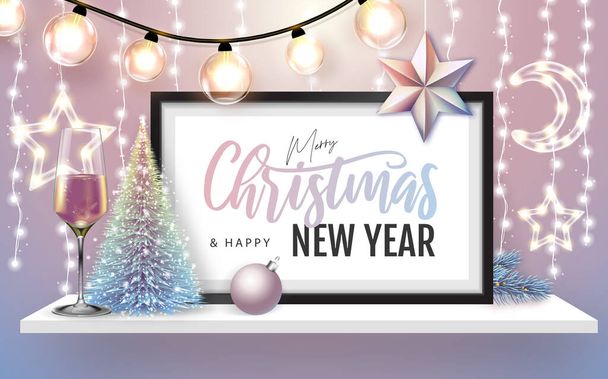 Merry Christmas and happy New Year poster with christmas holiday decorations. Chrisrmas background with string of lights. 3D interior design with black frame on white walll shelf. - Vektori, kuva