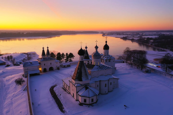 ferapontovo winter monastery landscape, top view christmas religion architecture background - Foto, imagen