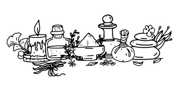 Ayurveda έννοια εικονογράφηση με κονίαμα, βότανα, αιθέρια μπουκάλι λάδι, πέτρες μασάζ και κερί λάμπα άρωμα. Περίγραμμα διανυσματική απεικόνιση των στοιχείων ayurveda που απομονώνονται σε λευκό. - Διάνυσμα, εικόνα