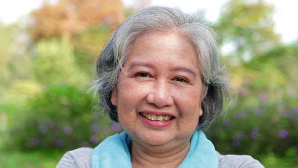 Asiática idosa exercitar no parque de manhã Ela sorriu feliz. conceito de aptidão Cuidar da saúde física dos idosos - Filmagem, Vídeo