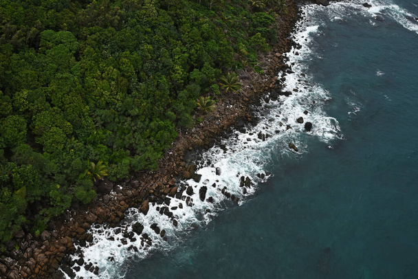 Sea and coastline of the island with rocks and forest, top view, white sea foam - Photo, image