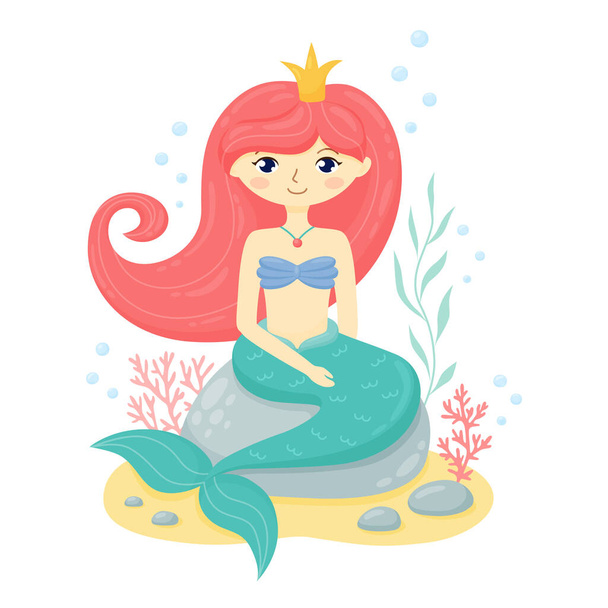 Cute mermaid in crown sitting on sea rock. - Vector, Imagen