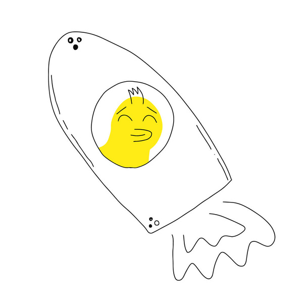 Cute yellow duck, duck in a rocket vector illustration. Children's rubber toy. Bird, doodles, hand-drawn. Vector. - Vector, Imagen