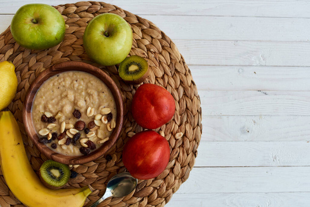 fruit dessert breakfast cereals vitamins organic wood background - Foto, immagini