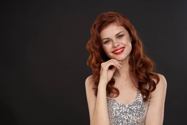 red-haired woman bright makeup glamor posing evening dresses - Fotografie, Obrázek