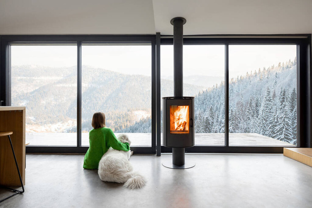 Femme avec chien à la maison sur les montagnes en hiver - Photo, image