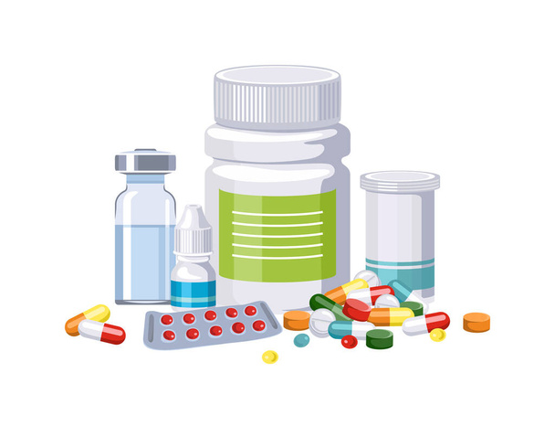 Various medicines, capsules, tablets and bottles with drugs. Pharmaceuticals. Vector cartoon flat illustration. - Vector, afbeelding
