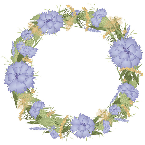 Una corona redonda de flores silvestres. Cornflowers marco floral - Vector, imagen