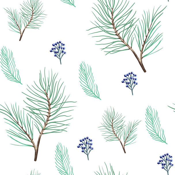 New year seamless pattern with branches, berries and flowers. - Vektör, Görsel