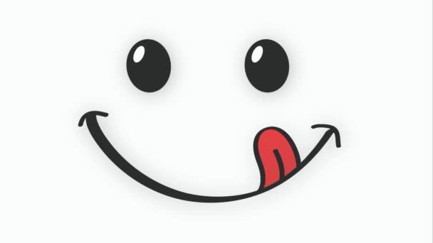 Χαρούμενο πρόσωπο με γλώσσα. Χαρούμενο πρόσωπο με κλείσιμο του ματιού. Νόστιμο χαμόγελο. Παγκόσμιο χαμόγελο ημέρα ή μήνα λογότυπο Τροφίμων. Χαμογελάει. Αστείο γέλιο σημάδι κινουμένων σχεδίων Delicious, νόστιμο φαγητό emoji χείλος πρόσωπο Emotion χείλη σύμβολο γλείψιμο - Πλάνα, βίντεο