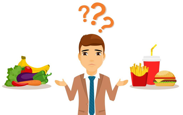 Der Mensch hat die Wahl zwischen gesunder und ungesunder Ernährung. Gesunde Ernährung. Flacher Stil auf weißem Hintergrund. Karikatur - Vektor, Bild