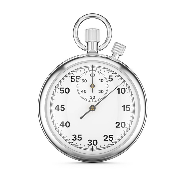 Classico cronometro analogico meccanico in argento metallizzato isolato su sfondo bianco. Illustrazione rendering 3d. - Foto, immagini