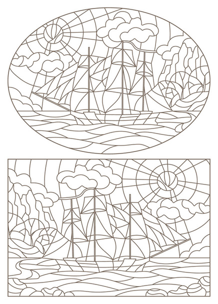 Set contour illustrations of stained glass, seascape, ships sailing on the background of the cloudy sky and the sun, dark contours on white background - Vector, Image