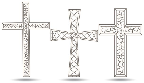De illustraties in de stijl van gebrandschilderd glas met een voorgevormde Christian kruist, donkere contouren op witte achtergrond - Vector, afbeelding