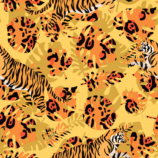 Tiger  and tropical plants, flowers,  leaves. Beautiful  seamless pattern  iin cartoon realistic flat style Modern fashion print skin for textile, fabric, wallpaper Safari art style Vector illustration - Vector, Imagen