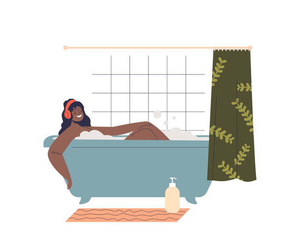 Жінка купається, слухаючи музику. Африканська американка відпочиває у ванній кімнаті, насолоджуючись гарячою водою. - Вектор, зображення