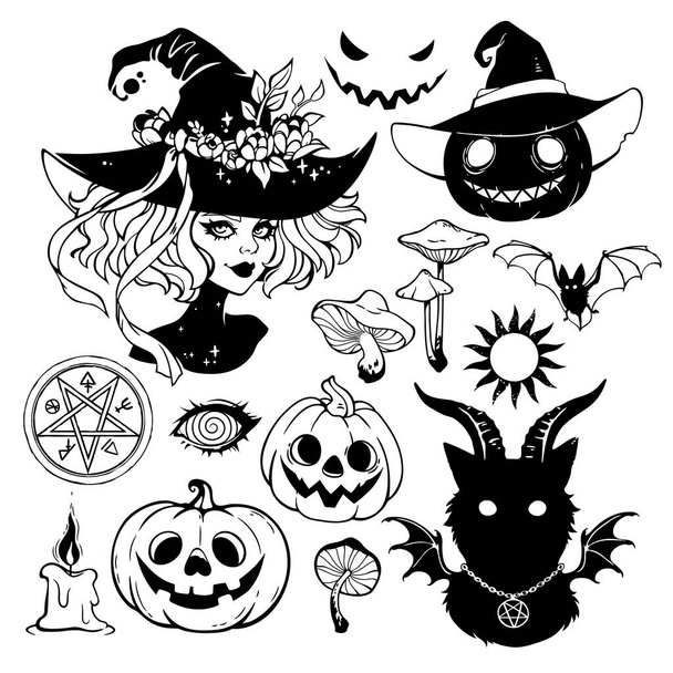 een set van zwarte tekeningen en silhouetten op een heksenthema op een witte achtergrond - Vector, afbeelding