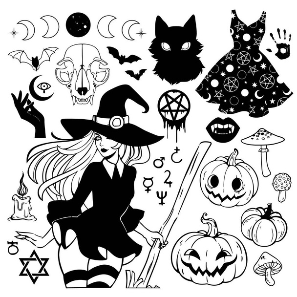 un conjunto de dibujos y siluetas en negro sobre un tema de bruja sobre un fondo blanco - Vector, imagen