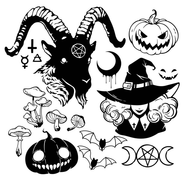 un conjunto de dibujos y siluetas en negro sobre un tema de bruja sobre un fondo blanco - Vector, imagen