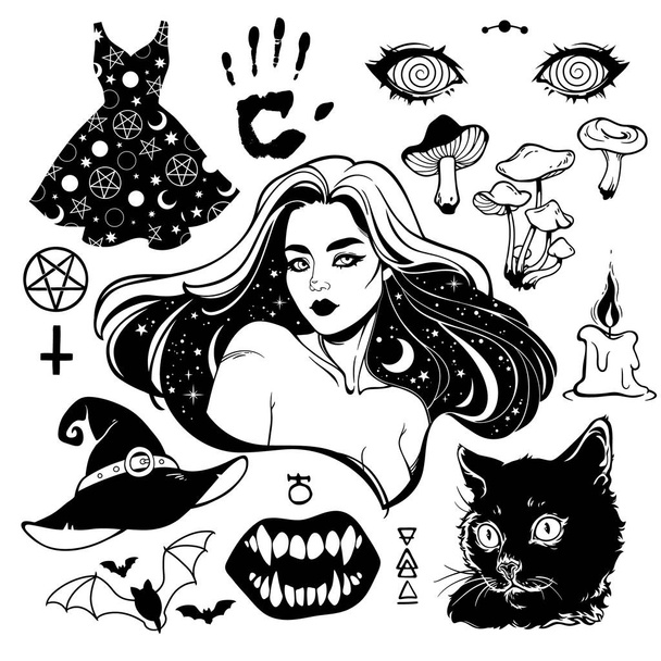 un ensemble de dessins noirs et de silhouettes sur un thème de sorcière sur fond blanc - Vecteur, image