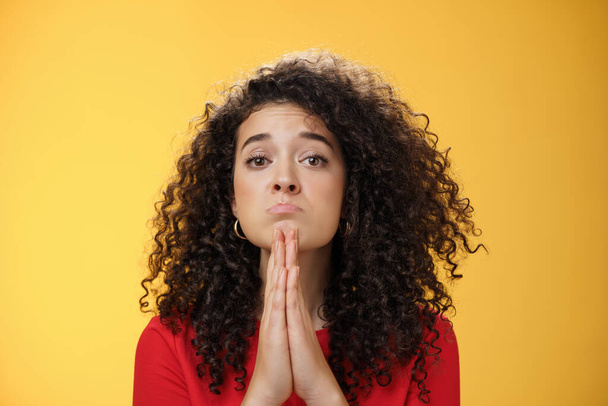 Please I beg you. Portrait of sad and cute curly-haired girl with angel eyes pouting holding hands in pray and looking hopeful at camera waiting for mercy asking apology, supplicating over yellow wall - Photo, Image