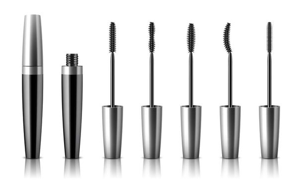 Mascara tube and wand applicators set. Cosmetic bottle with eyelash brush. Makeup cosmetics - Vector, Image