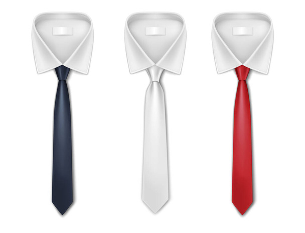 Set of silk neckties. Classic long red, white and black ties. Realistic cravats on shirt collar - Vektor, obrázek