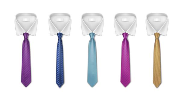 Kleurrijke stropdassen voor formele slijtage, witte boord kantoorpersoneel outfit. Realistische banden - Vector, afbeelding