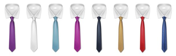 Set of realistic ties on white shirts collars for formal wear. Classic cravats for male clothes - Vector, Image