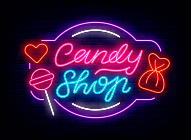 Candy shop neon lettering signboard. Sweet shop label. Lollipop icon on brick wall background. Luminous logo. Outer glowing effect banner. Editable stroke. Isolated vector illustration - Vettoriali, immagini