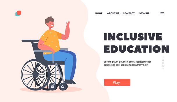 Modello di pagina di destinazione didattica inclusiva. Ragazzo disabile seduto sulla sedia a rotelle. Disabilità del carattere del bambino, Paralizzato - Vettoriali, immagini