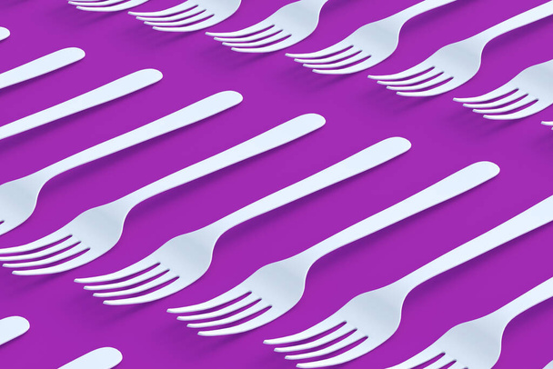 Rows of white forks on violet background. 3d render - Foto, afbeelding