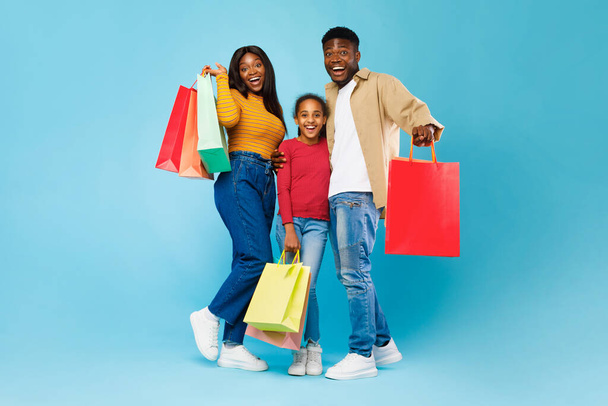 African American woman, man and girl posing with shopping bags - Фото, зображення