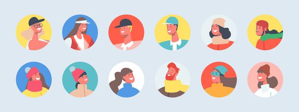 Set di Avatar per persone per profili di social media. Personaggi maschili e femminili in abiti invernali, cappelli e sciarpe, Corriere - Vettoriali, immagini