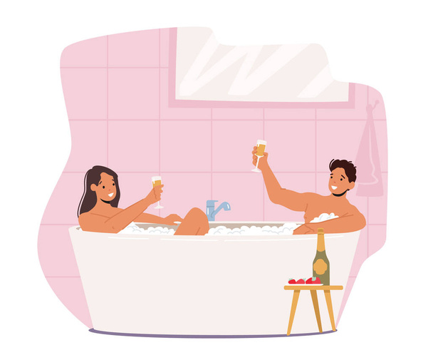 Encontro de casal na banheira, relaxamento, cuidados com o corpo, conceito de lua de mel. Jovem Homem e Mulher sentados na banheira com espuma - Vetor, Imagem