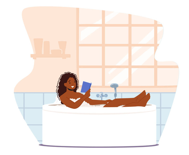 Jovem Relaxante na Banheira Livro de Leitura. Happy African Female Character Higiene, Bem-Estar e Beleza Procedimento - Vetor, Imagem
