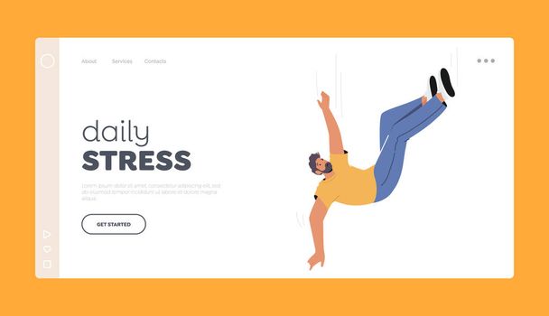 Daily Stress Landing Page Template. Scared Male Character Jumping Down. Unhappy Man Falling, Frightened Person - Vector, Image