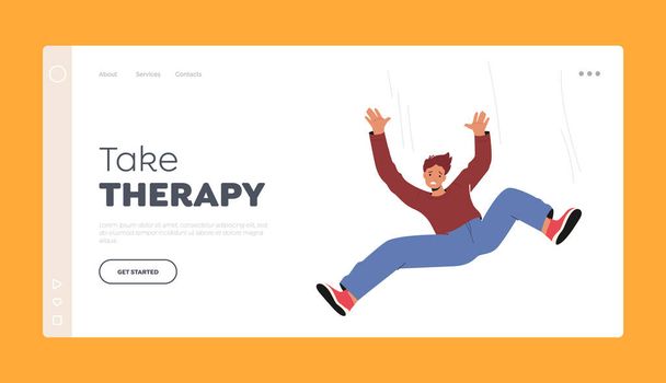 Take Therapy Landing Page Template. Unhappy Person in Stress Fall, Hazard or Accident. Sad Frightened Character Falling - Vector, Image